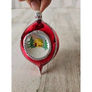 Vintage radko house cabin glitter teardrop red ornament Xmas tree